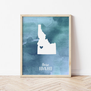 Idaho Map Blue Watercolor Personalised Art Print