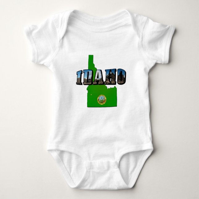 Idaho Map, Seal and Picture Text Baby Bodysuit (Front)