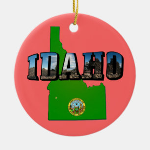 Idaho Map, Seal and Picture Text Ceramic Tree Decoration