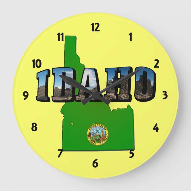 Idaho Map, Seal and Picture Text Large Clock (Front)