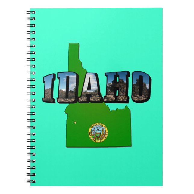 Idaho Map, Seal and Picture Text Spiral Notebook (Front)