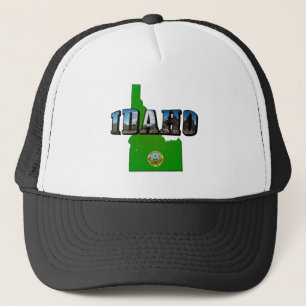 Idaho Map, Seal and Picture Text Trucker Hat
