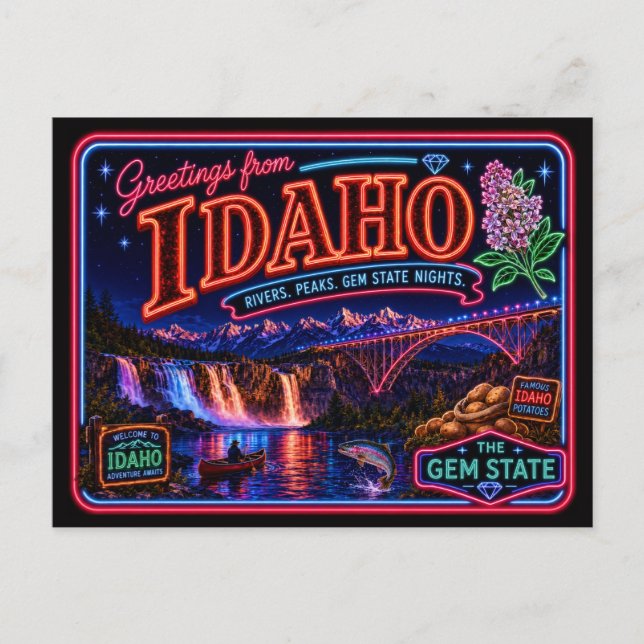 Idaho Neon State Retro Vintage Postcard (Front)