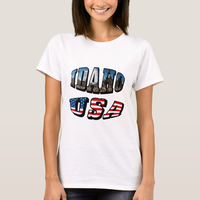 Idaho Picture State and Flag USA Text T-Shirt (Front)