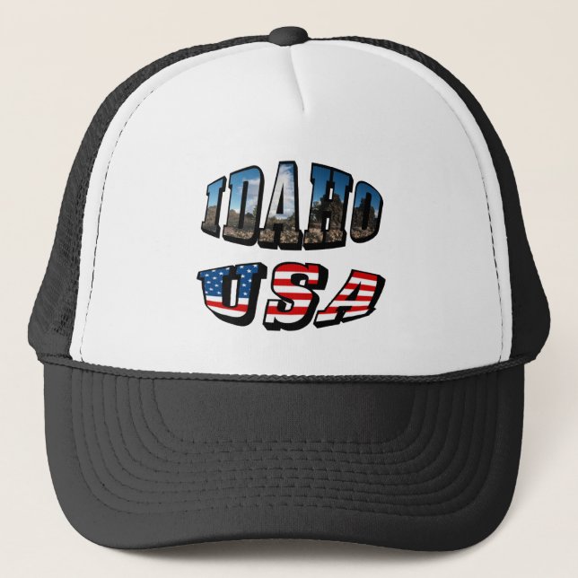 Idaho Picture State and Flag USA Text Trucker Hat (Front)