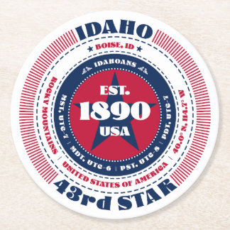 Idaho Red White Blue Typography Round Paper Coaster