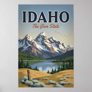 Idaho Sawtooth Range Illustration Travel Art Retro Poster