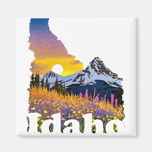 Idaho shape with mountain and wildflowers magnet (Front)