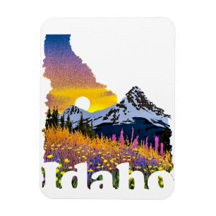 Idaho shape with mountain and wildflowers magnet