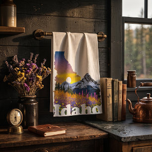 Idaho shape with mountain and wildflowers tea towel