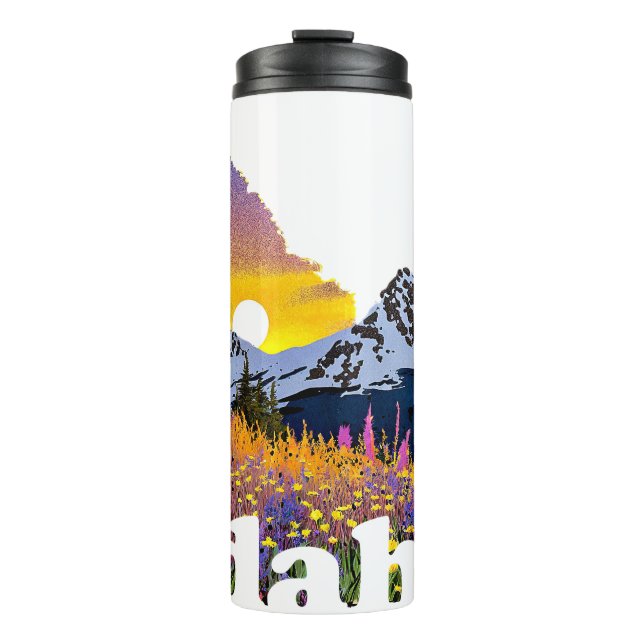 Idaho shape with mountain and wildflowers thermal tumbler (Front)