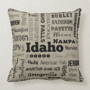 Idaho typography throw pillow in taupe/gray