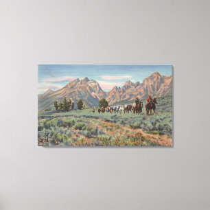 Idaho - View of Men on Horseback on Teton Mts. Canvas Print