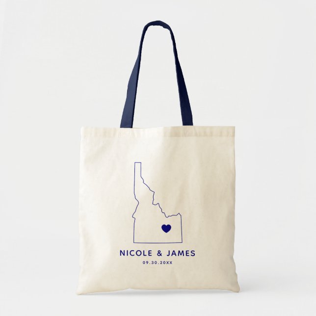 Idaho Wedding Welcome Bag Tote, Navy Blue Map (Front)