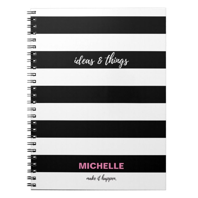 "ideas and things" Black and white stripes, name Spiral Notebook (Front)