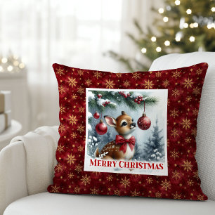 Idyllic baby deer winter snowy forest Christmas Cushion