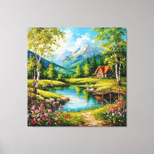 Idyllic Cabin by a Stream in a Vibrant Mountain Canvas Print