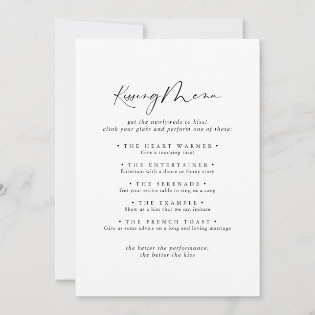 Idyllic Calligraphy Wedding Kissing Menu Game Card (Front)