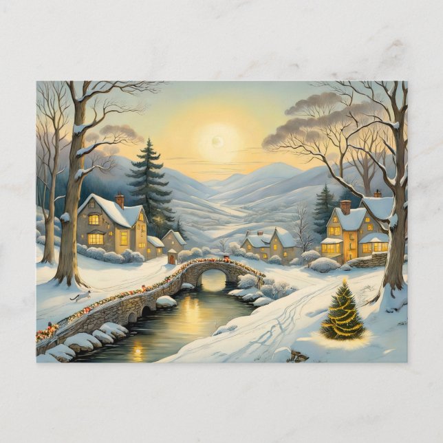Idyllic Christmas Village with River and Bridge Postcard (Front)