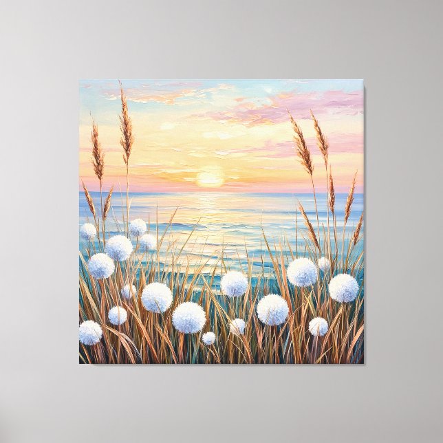 Idyllic Sunrise Over Ocean Featuring Wild Grasses Canvas Print (Front)