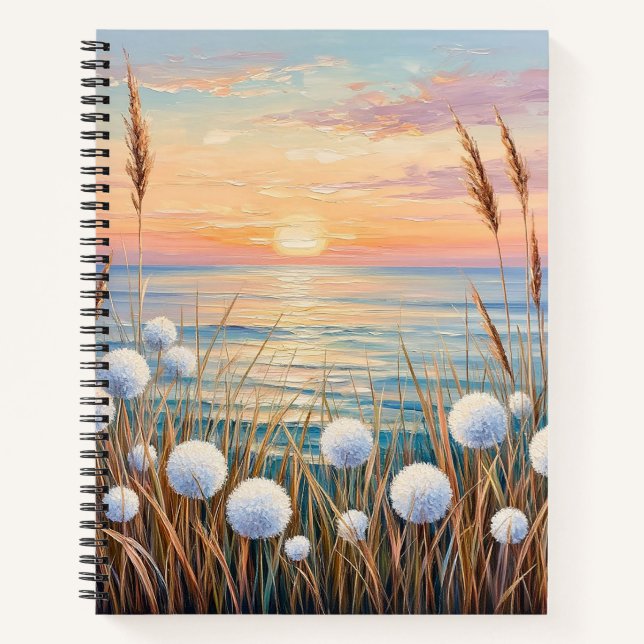 Idyllic Sunrise Over Ocean Featuring Wild Grasses Notebook (Front)