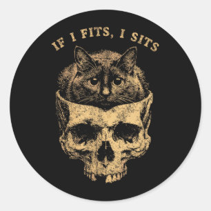 If Fits Sit Black Cat Skull Minimalist Meme Humour Classic Round Sticker