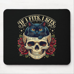 If fits sits black cat skull gothic dark humour mouse pad