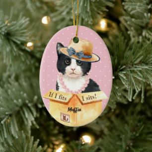 If I fits, I sits - Black And White Kitty In Box C Ceramic Tree Decoration