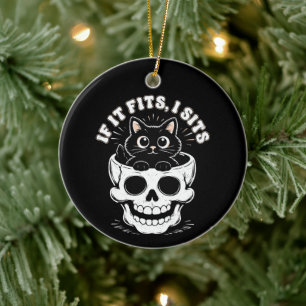 If It Fits I Sit Black Cat Skull Minimalist Meme Ceramic Tree Decoration