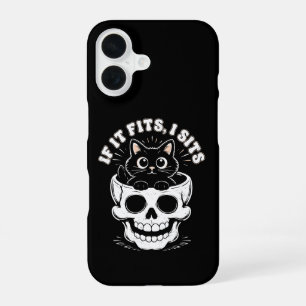 If It Fits I Sit Black Cat Skull Minimalist Meme  iPhone 16 Case