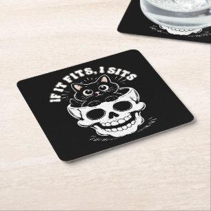 If It Fits I Sit Black Cat Skull Minimalist Meme Square Paper Coaster