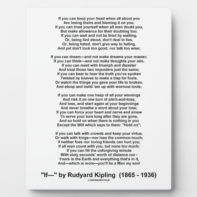If- Poem by Rudyard Kipling (No Kipling Picture) Plaque (Front)