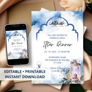 Iftar dinner invitation ramadan blue mosque