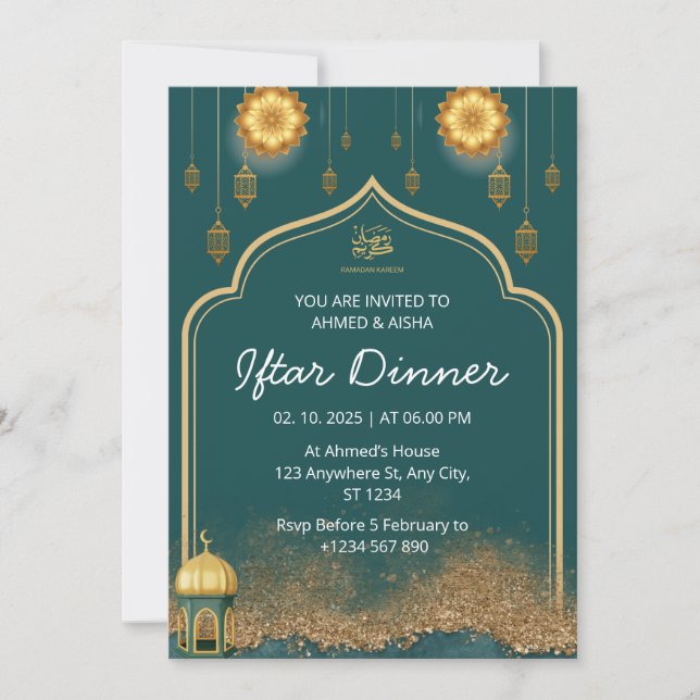 Iftar dinner invitation ramadan gold green (Front)