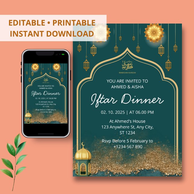 Iftar dinner invitation ramadan gold green (Creator Uploaded)