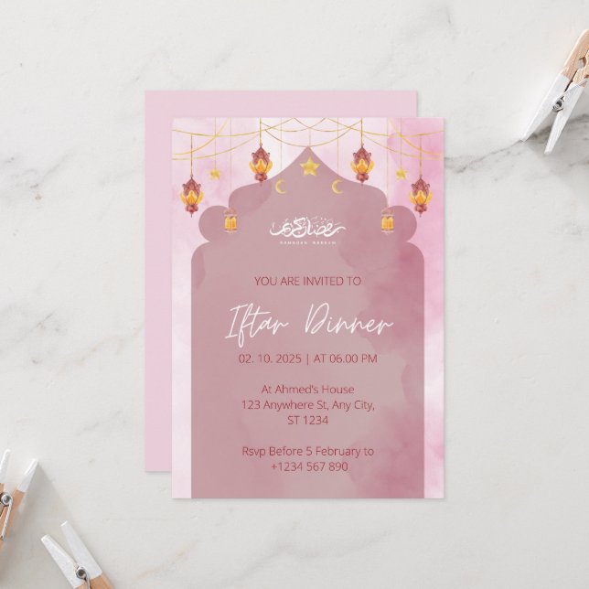 Iftar dinner invitation ramadan pink mosque (Front/Back In Situ)