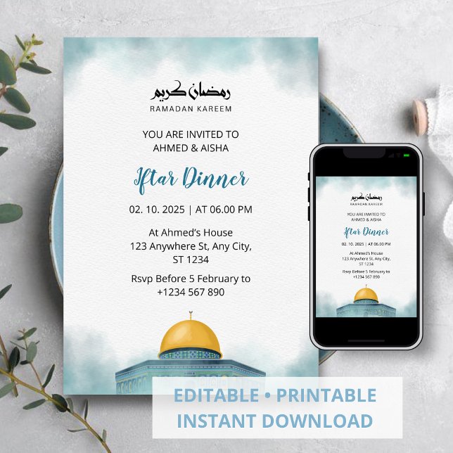 Iftar dinner invitation ramadan watercolor blue (Creator Uploaded)