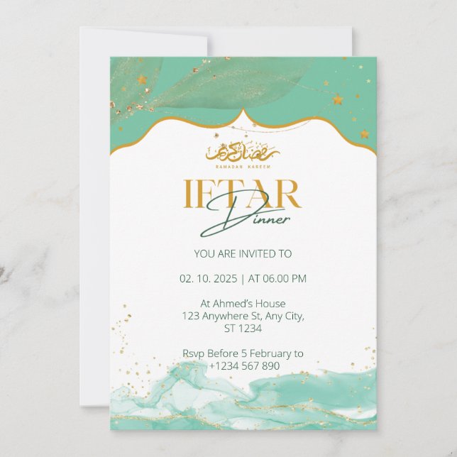 Iftar dinner invitation ramadan watercolor green  (Front)