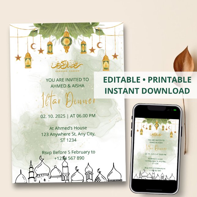 Iftar dinner invitation ramadan watercolor green (Creator Uploaded)