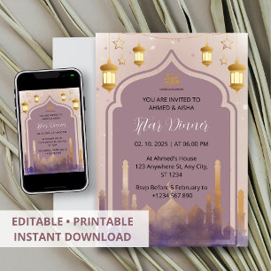 Iftar dinner invitation ramadan watercolor mosque
