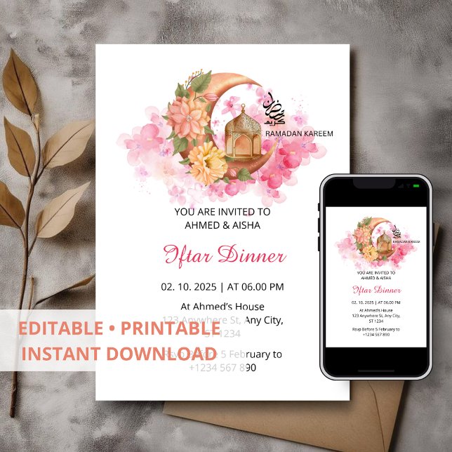 Iftar dinner invitation ramadan watercolor pink (Creator Uploaded)