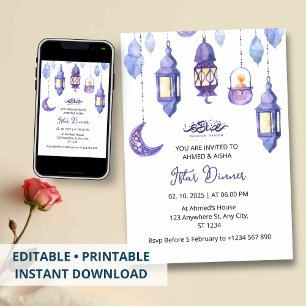 Iftar dinner invitation ramadan watercolor purple