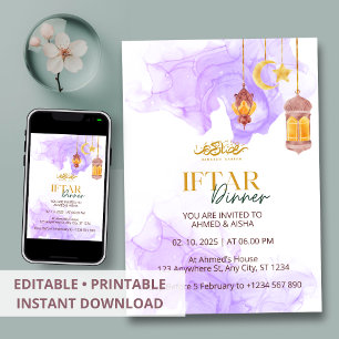 Iftar dinner invitation ramadan watercolor purple