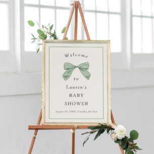 ight Sage Plaid Bow Elegant Baby Shower Welcome Poster