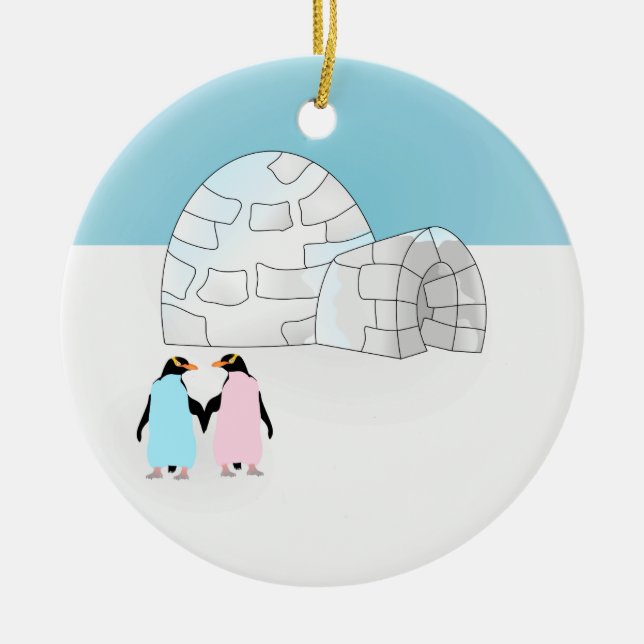 Igloo with coloured penguins ceramic tree decoration (Front)