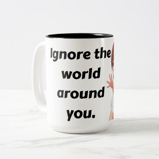 'Ignore the World' Anime-Style Two-Tone Mug (Front Left)