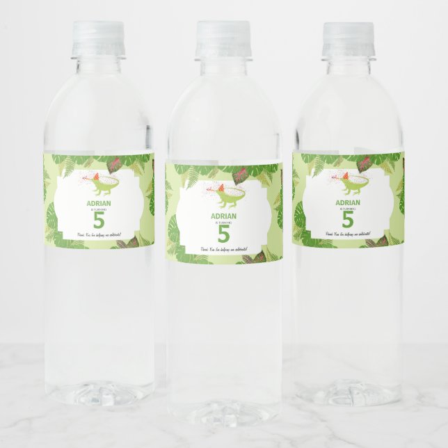 Iguana Lizard Partying Animals Birthday Party Water Bottle Label (Bottles)