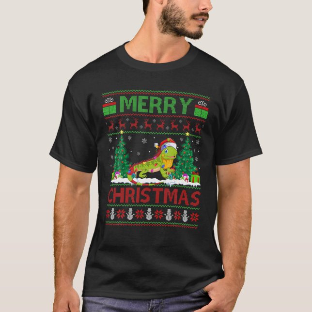 Iguana Lover Xmas Lighting Santa Ugly Iguana Chris T-Shirt (Front)