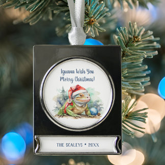 Iguana Wish You a Merry Christmas Silver Plated Banner Ornament