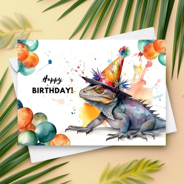 Iguana with Balloons and Party Hat Happy Birthday Card (Creator Uploaded)